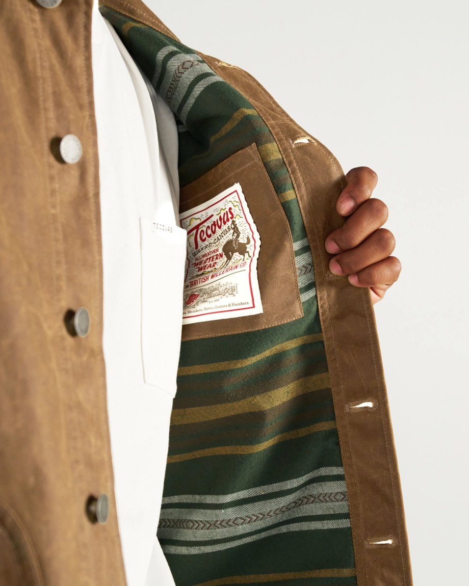 Closeup view of Men's Waxed Ranch Jacket - Field Tan