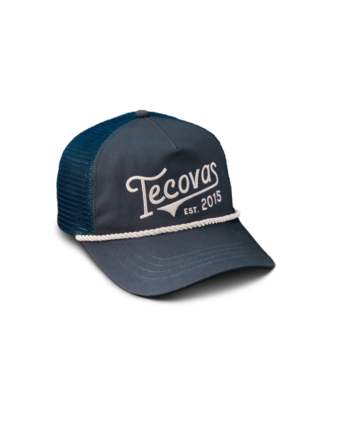Quarterfront view of Tecovas Gameday Trucker - Navy on plain background