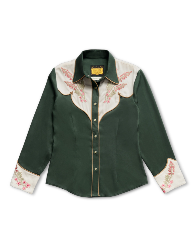 Front view of Women's Tecovas X H Bar C Birthday X Shirt - Green on plain background