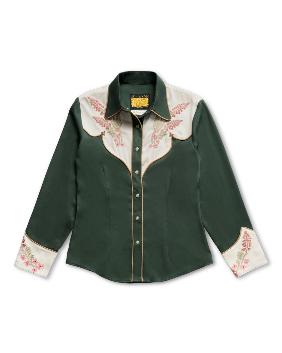 Front view of Women's Tecovas X H Bar C Birthday X Shirt - Green on plain background