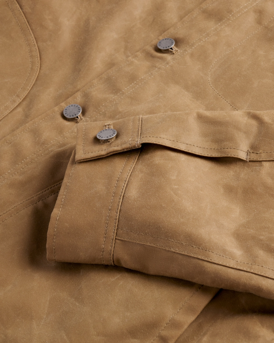 Closeup view of Men's Waxed Ranch Jacket - Field Tan