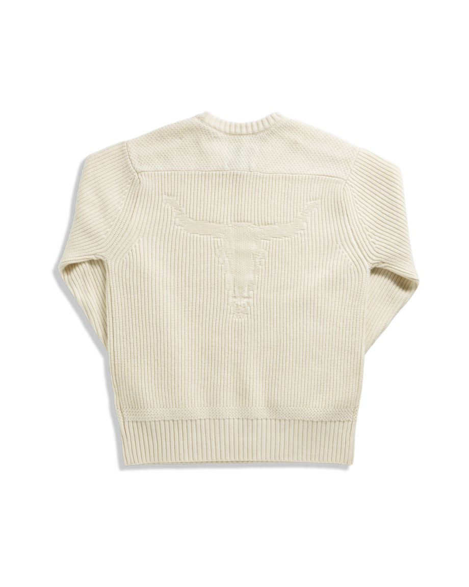 Back view of Men's Crew Neck Desert Sweater - Whisper White on plain background
