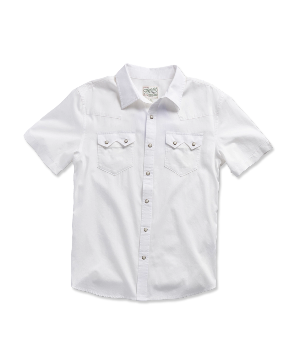 Closeup detail view of Men's Classic Fit Vintage Weight Sawtooth Short Sleeve Pearl Snap - White