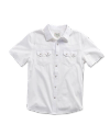 Closeup detail view of Men's Classic Fit Vintage Weight Sawtooth Short Sleeve Pearl Snap - White