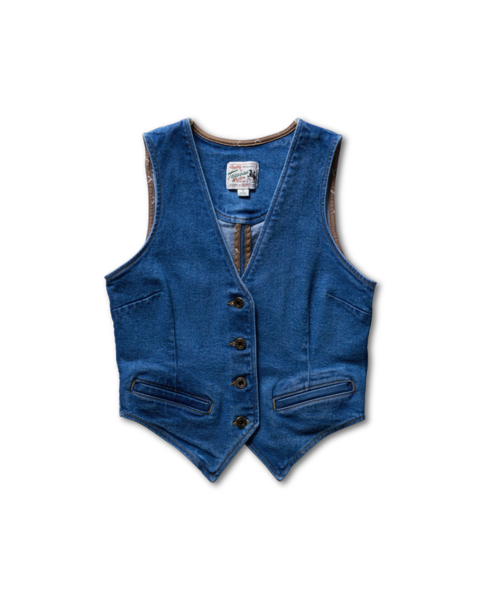 Front of the Women's Denim Vest in the color medium wash with a white background.