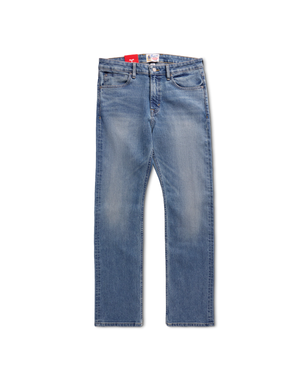 Front view of Men's Slim Straight Stretch Denim - Medium Light on plain background