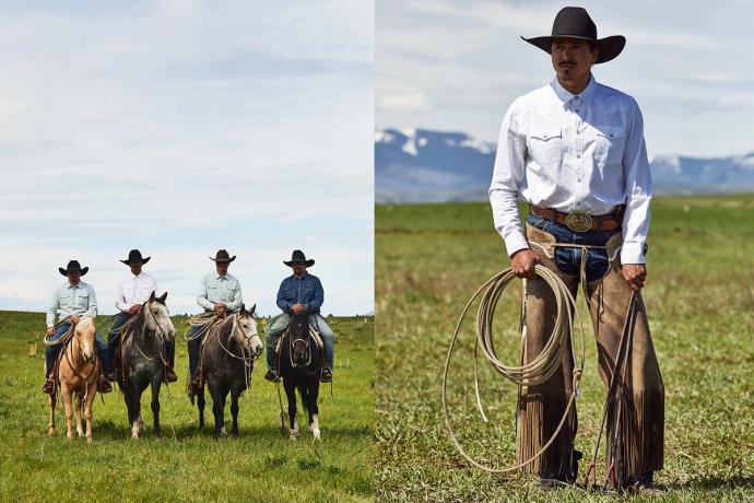 split screen men on horses, man lassoing 