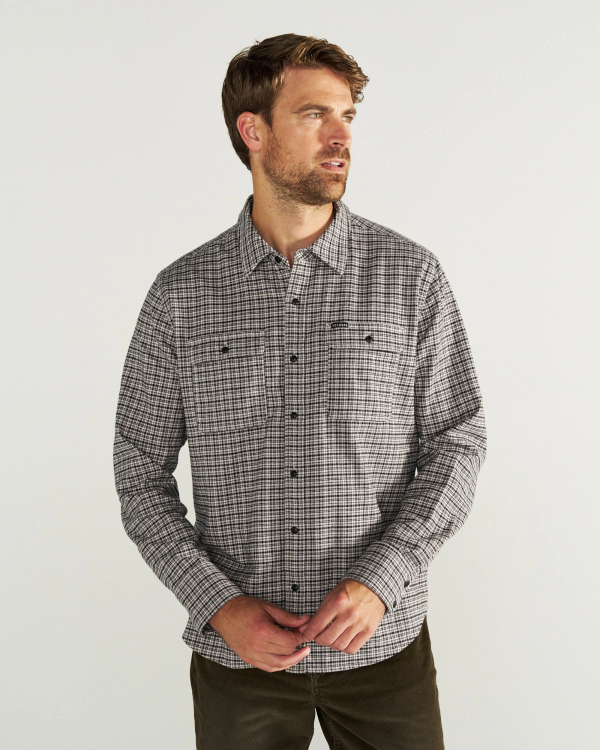 Front view of Men's Essential Flannel - Black/Multi on model