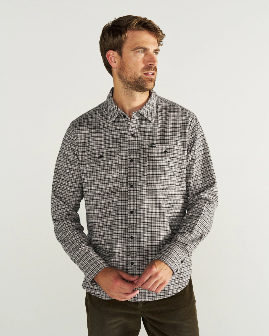 Front view of Men's Essential Flannel - Black/Multi on model