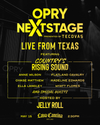 Poster for "opry nextstage live from texas" concert featuring country artists, hosted by lela cantina on may 15 at 2:30 pm.