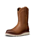 The Knox Cowhide brown leather pull-on work boot features a wheat-toned white sole, round toe, and side pull loops, displayed against a plain white background.