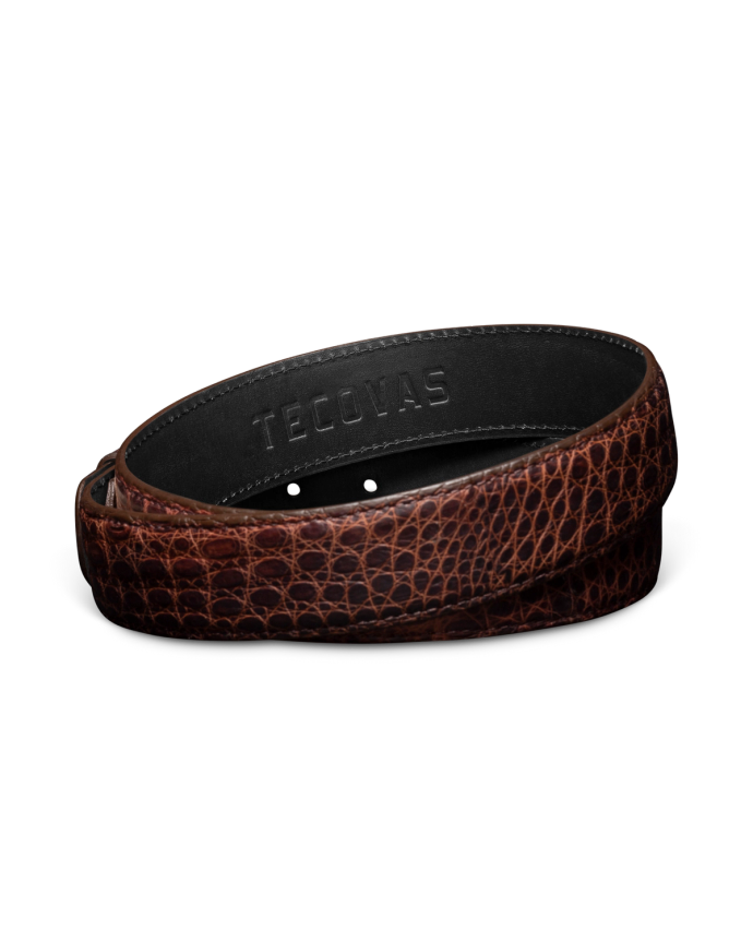 Back view of Men's Caiman Belt II - Mahogany on plain background