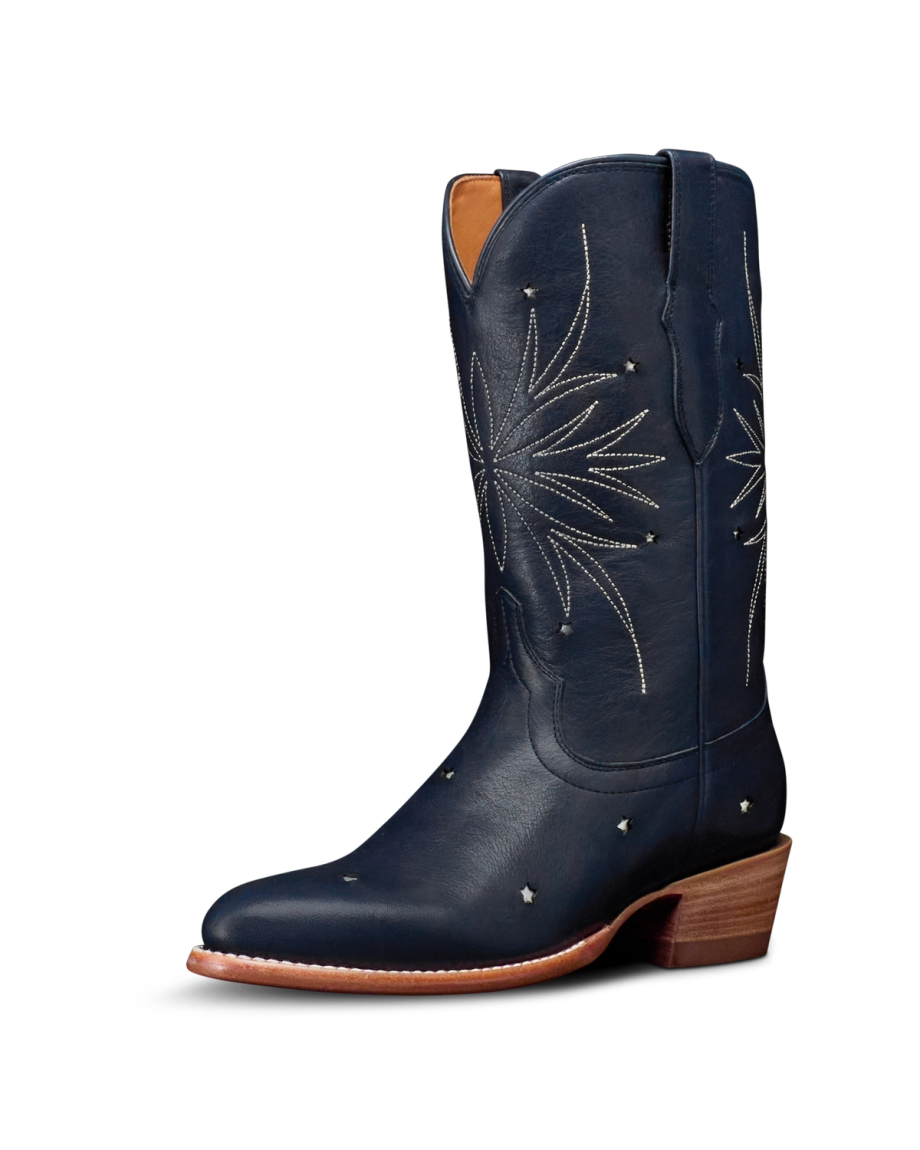 Quarterfront view of The Jamie Firework - Atlantic Blue Cowhide on plain background