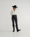 Full view of Women's L/S Embroidered Cotton Popover Top - White on model