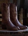 close up picture of Dillon Mahogany brown cowboy boots on a man's feet