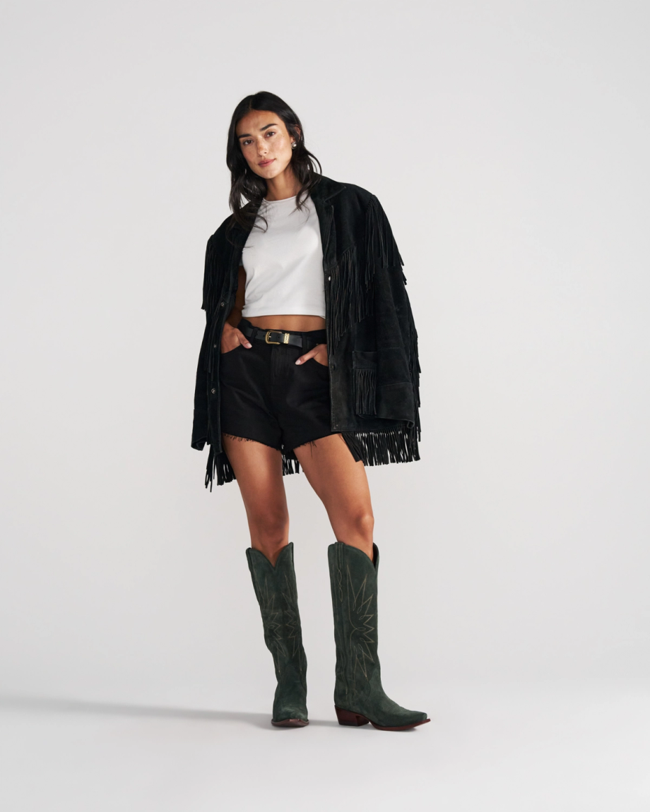 Full view of The Loretta - Hunter Green Suede on model