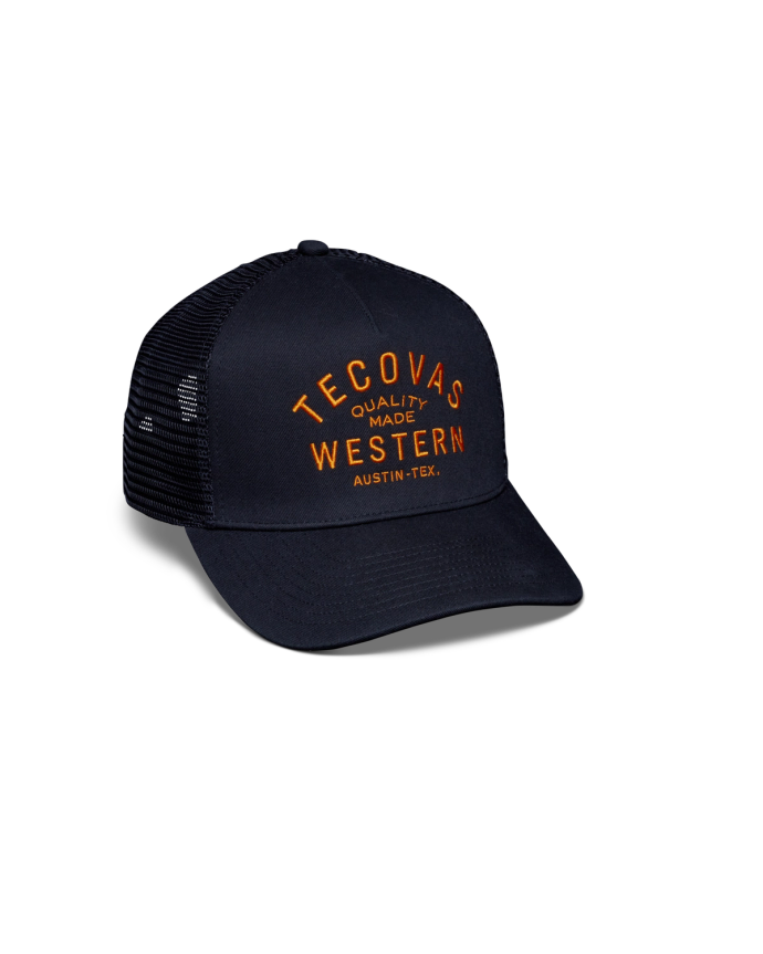 Quarterfront view of Quality Made Trucker Hat - Black/Orange on plain background