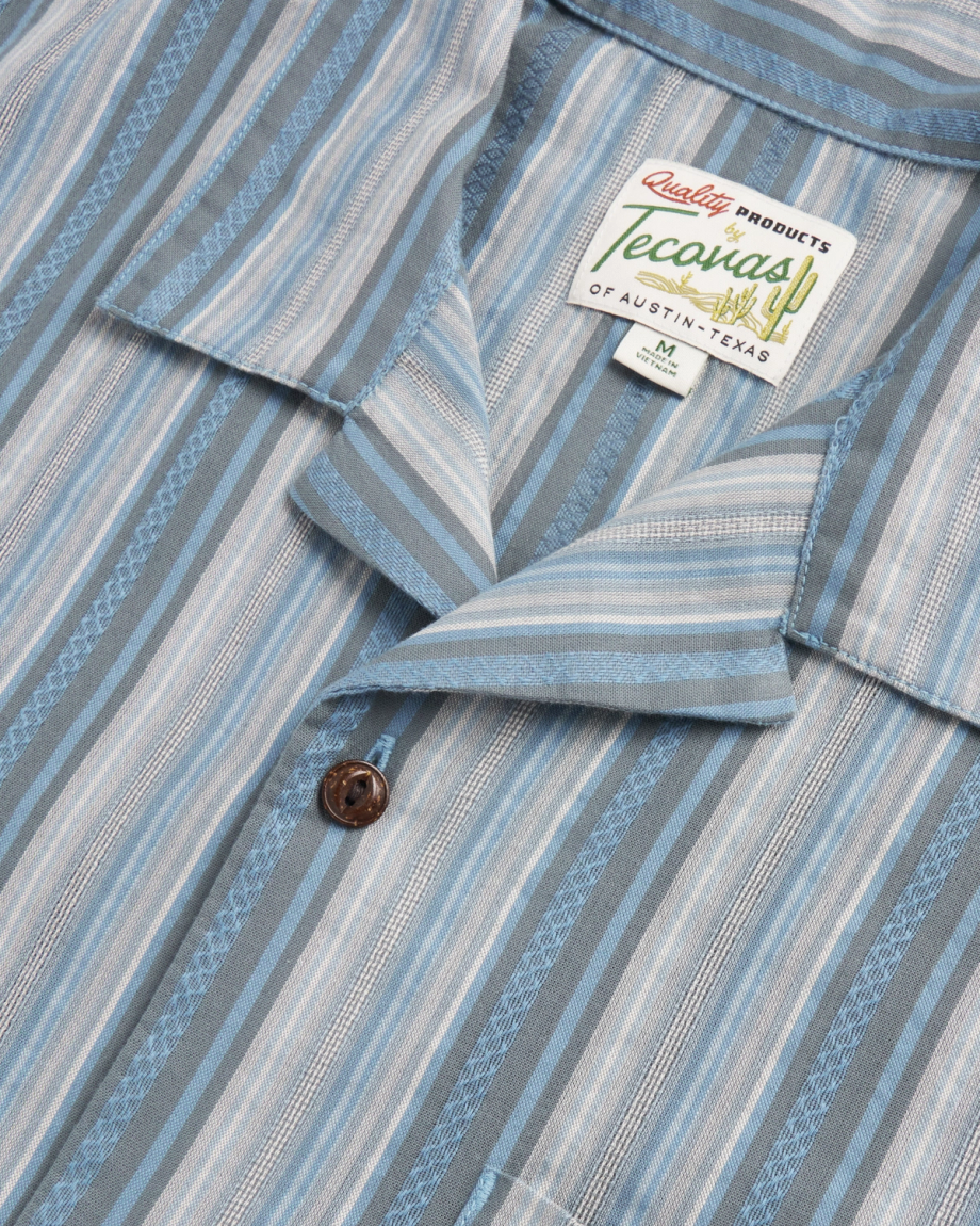 Closeup detail view of Men's Dobby Camp Shirt - Atlantic/Chambray