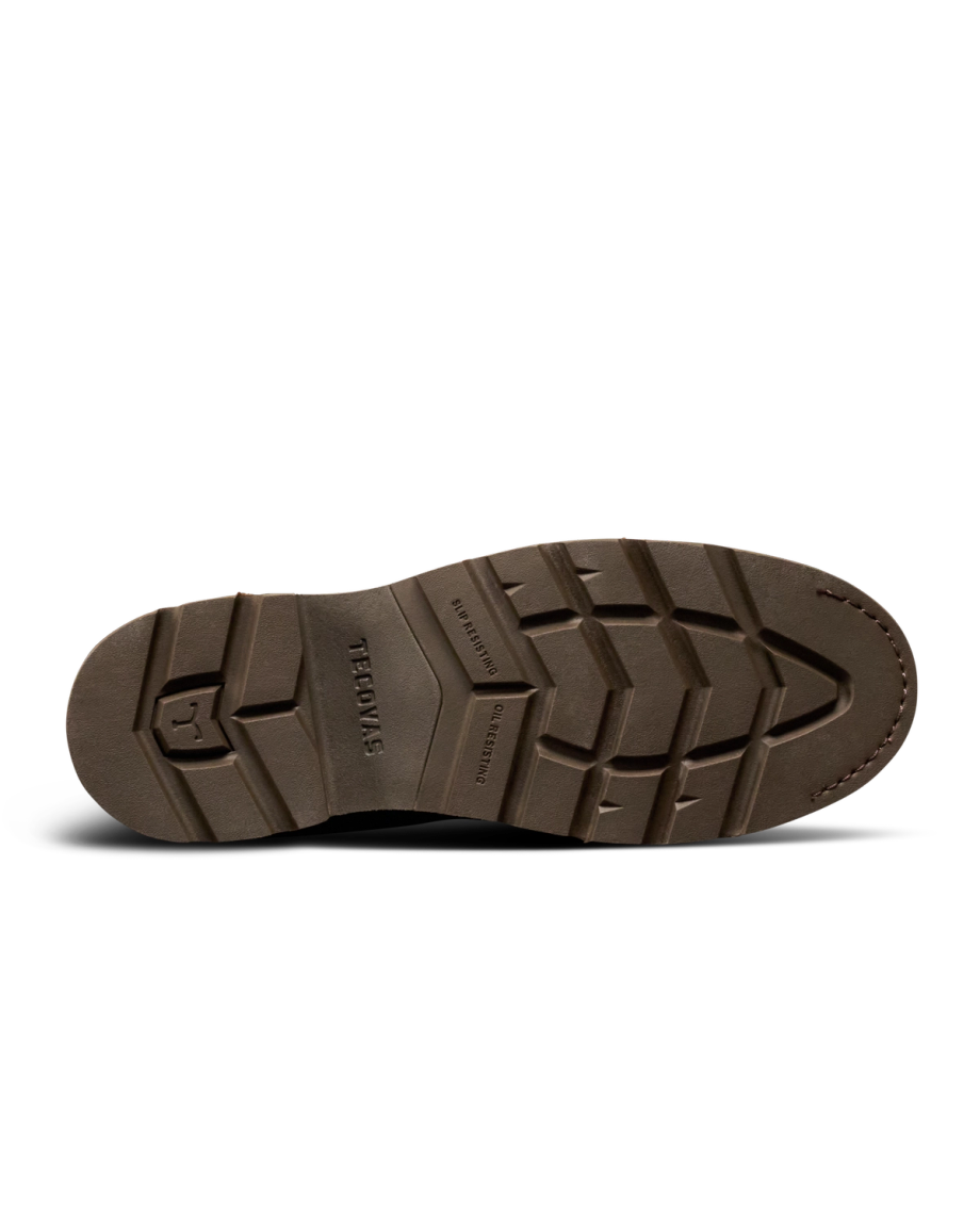 Toe view of The LH WP Round Comp Toe Work Boot - Tan / Cafe Cowhide on plain background