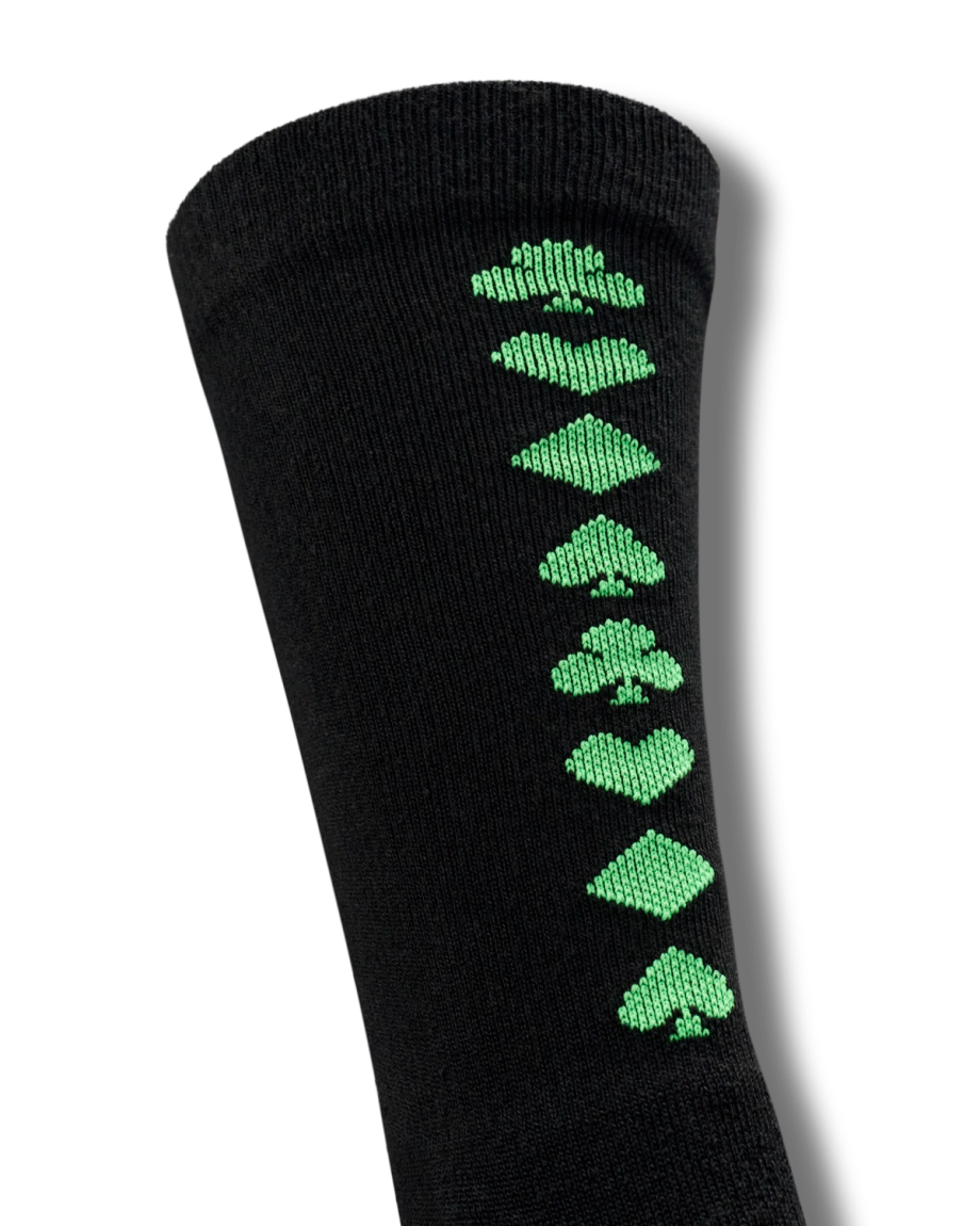 Closeup view of Deal Me In Mid Calf Sock - Black / Gamblers Green Black/Gamblers Green Polyester/Spandex