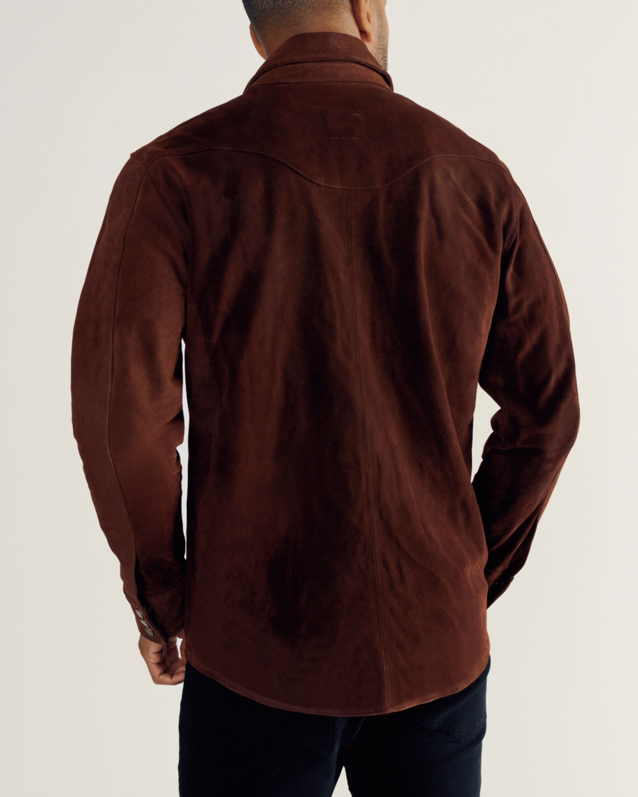 Back view of Men's Suede Overshirt - Brown on model