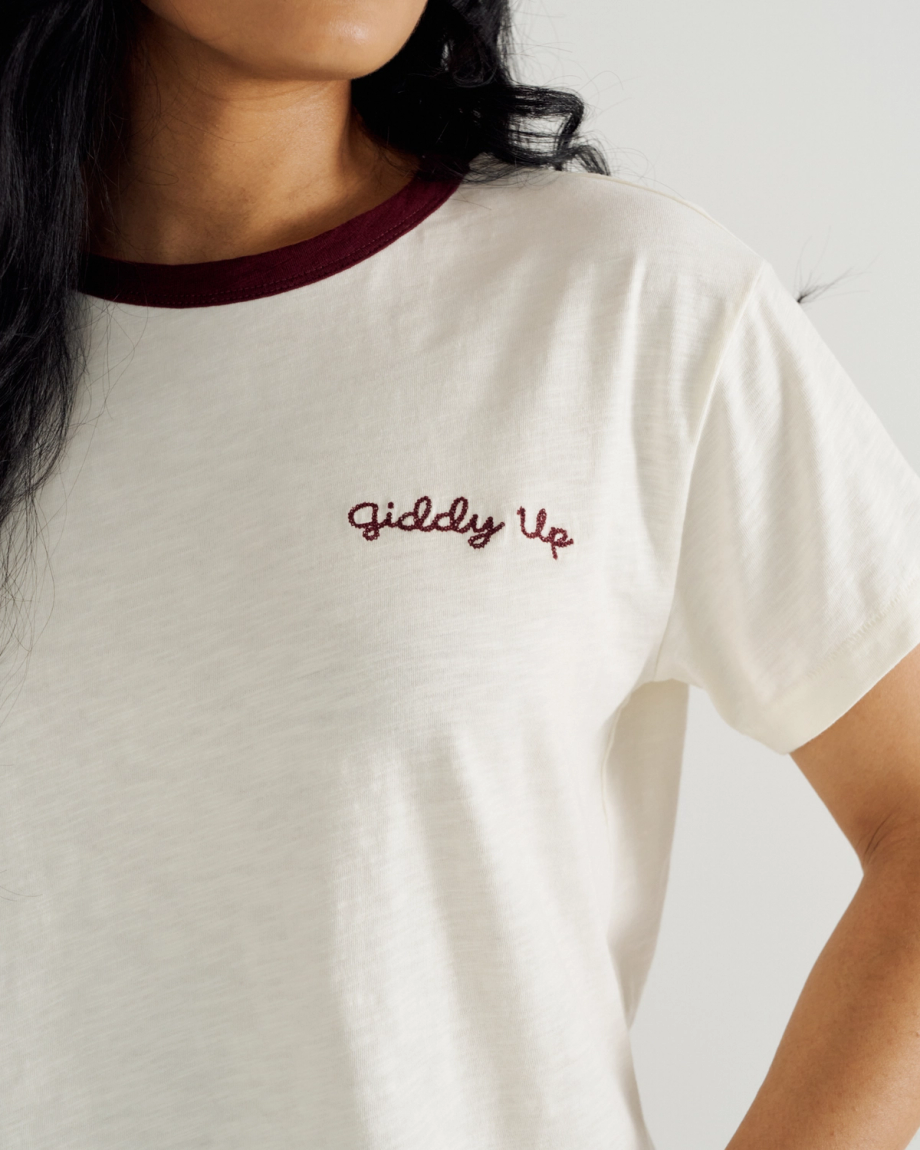 Front view of Women's Vintage Ringer Tee - Bone / Burgundy on model