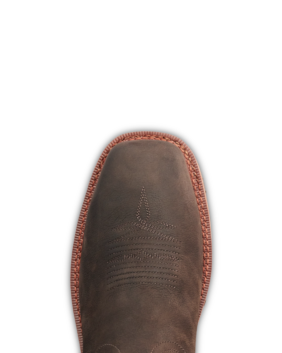 Toe view of LongHaul Waterproof Square Composite Toe Work Boot - Umber Cowhide on plain background