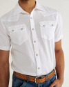 Closeup detail view of Men's Vintage Weight Sawtooth Short Sleeve Pearl Snap - White