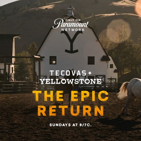 Two horses in a ranch setting with a large barn in the background. Text reads: "Tecovas + Yellowstone Rides Again. Sundays at 8/7c. Only on Paramount Network.