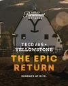 Two horses in a ranch setting with a large barn in the background. Text reads: "Tecovas + Yellowstone Rides Again. Sundays at 8/7c. Only on Paramount Network.