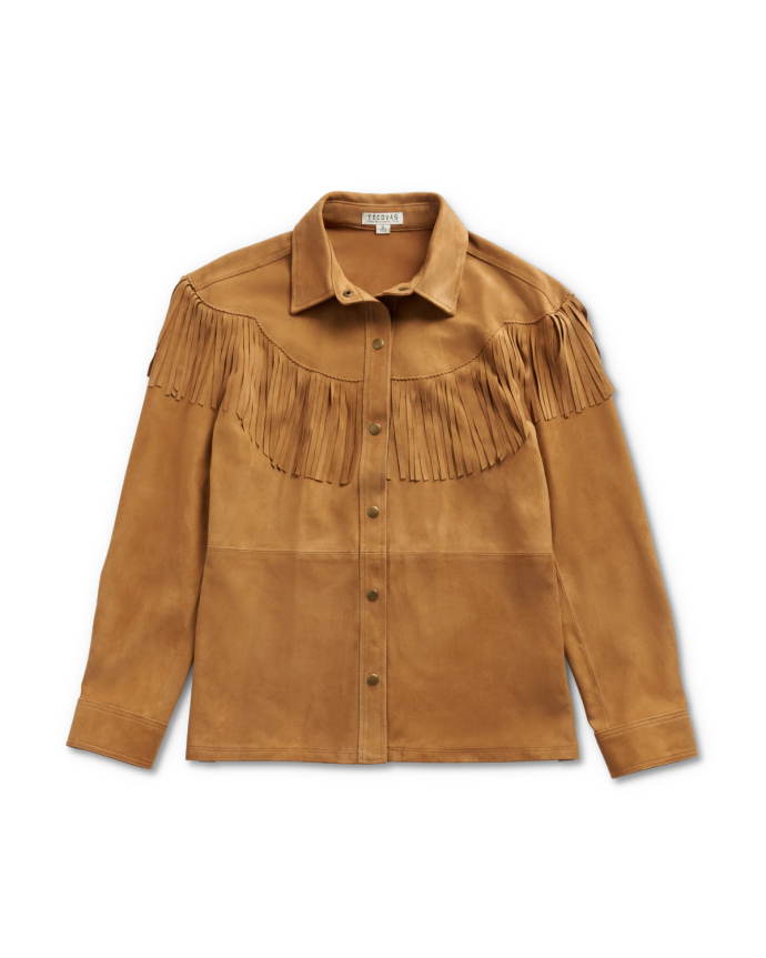 Front view of Women's Suede Shacket - Tan on plain background