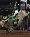 A rodeo rider in full gear is on a bucking bull with one arm raised for balance during a rodeo event.