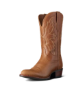The Britt in Latte Goat. A single brown leather cowboy boot from The Britt Goat, featuring decorative stitching, a rounded toe, and a stacked heel, photographed on a plain white background.