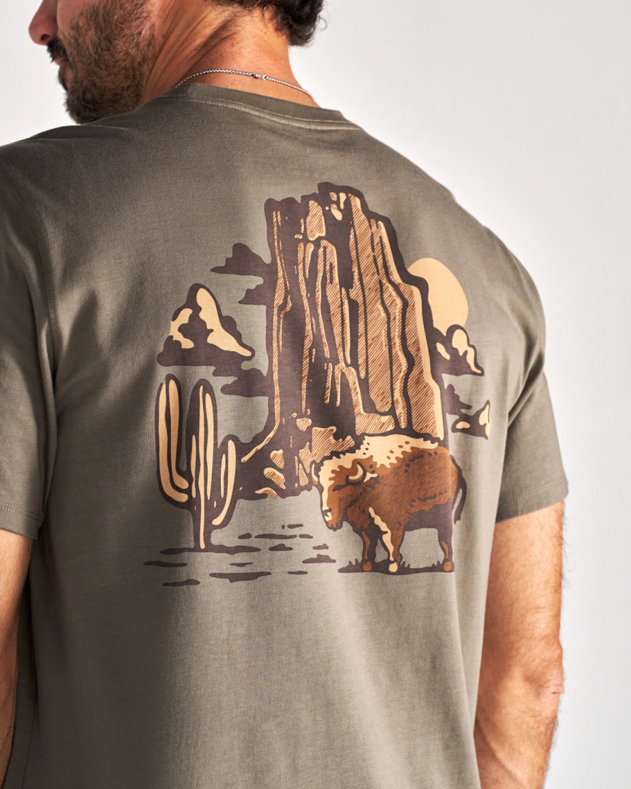 Back view of Men's Bison Landscape T-Shirt - Smokey Olive on model
