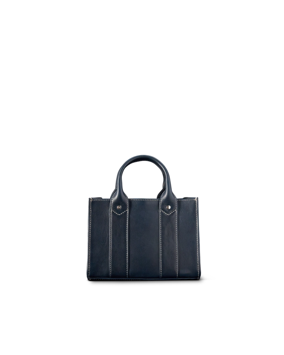 Back view of Mini Leather Satchel - Navy on plain background