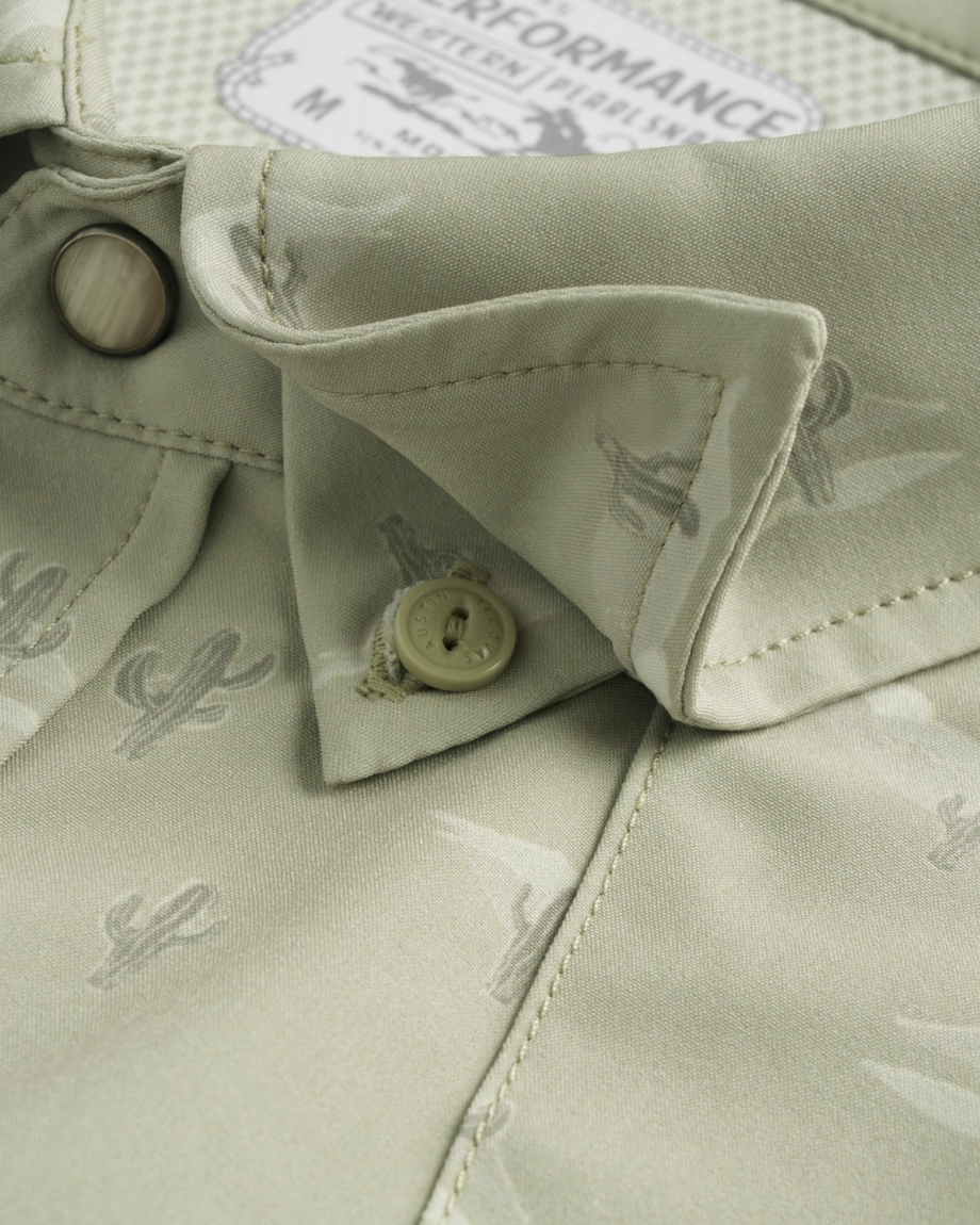 Closeup detail view of Men's Performance Western Short Sleeve Pearl Snap - Desert Sage/Light Sand