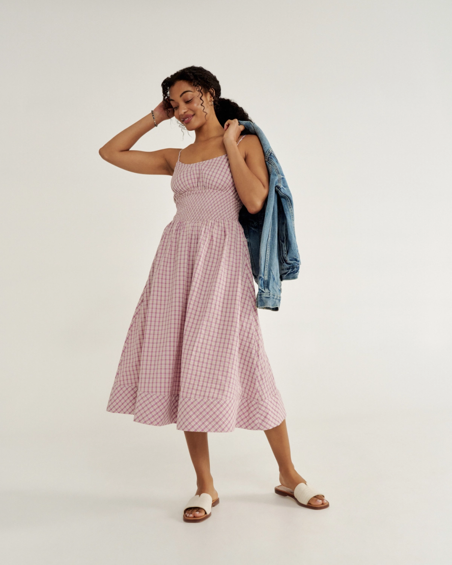 Full view of Women's Tank Tiered Midi Dress - Purple Cotton on model