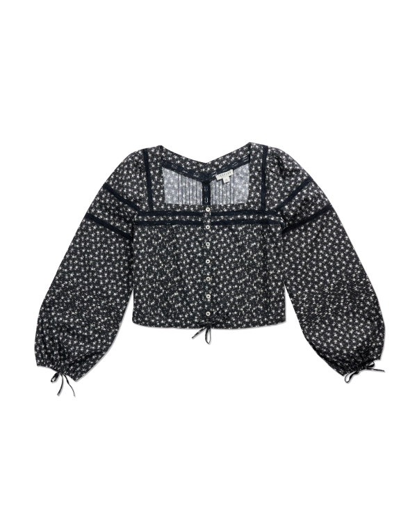 Top view of Women's Long Sleeve Cotton Poplin Top - Black / White on plain background