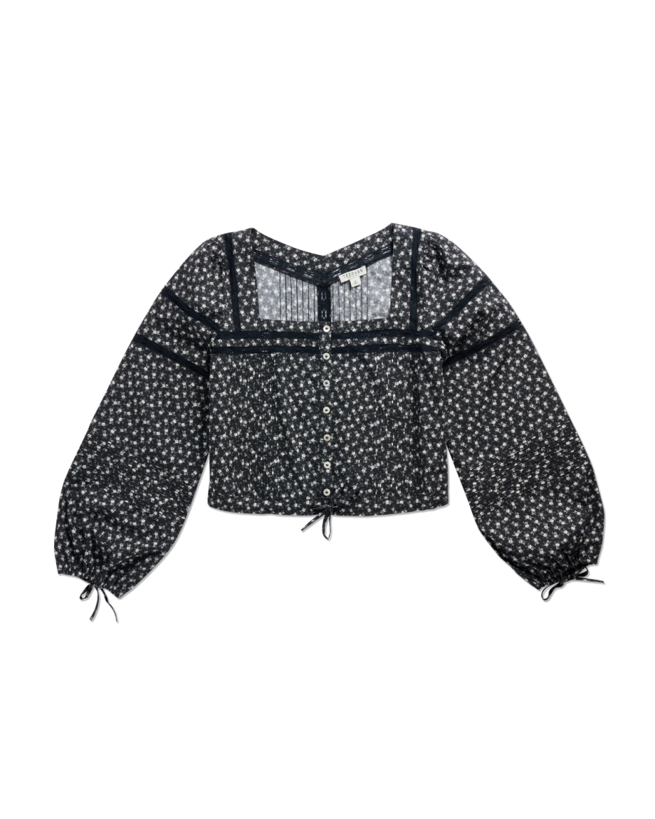 Top view of Women's Long Sleeve Cotton Poplin Top - Black / White on plain background