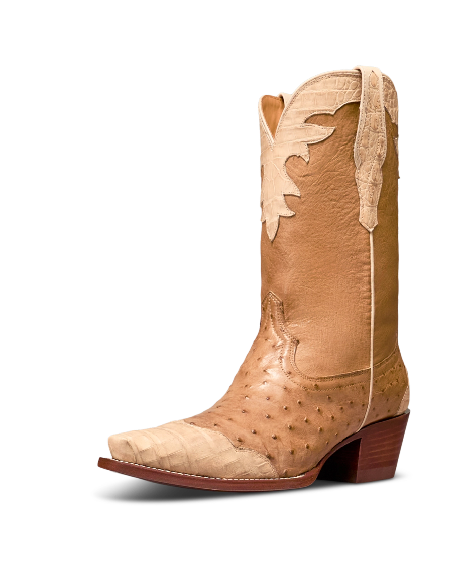 Quarterfront view of Women's Birthday Boot XI - Dune Ostrich/Caiman on plain background