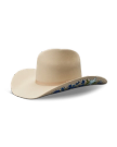 A beige cowboy hat with a wide brim and decorative blue floral patterns on the underside.