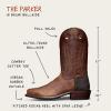 A diagram of the Parker in Briar - pull holes, ultra-tough bullhide, cowboy cutter tee, vibram rubber outsole, pitched riding heel with spur ledge