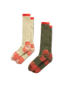 Two pairs of knee-high socks with red accents; one pair is cream with red details, and the other is olive green with red details, both displayed side by side on a black background.