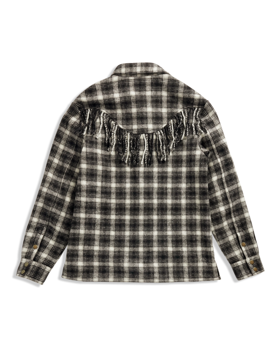 Closeup detail view of Women's Plaid Fringe Shacket - Black / White