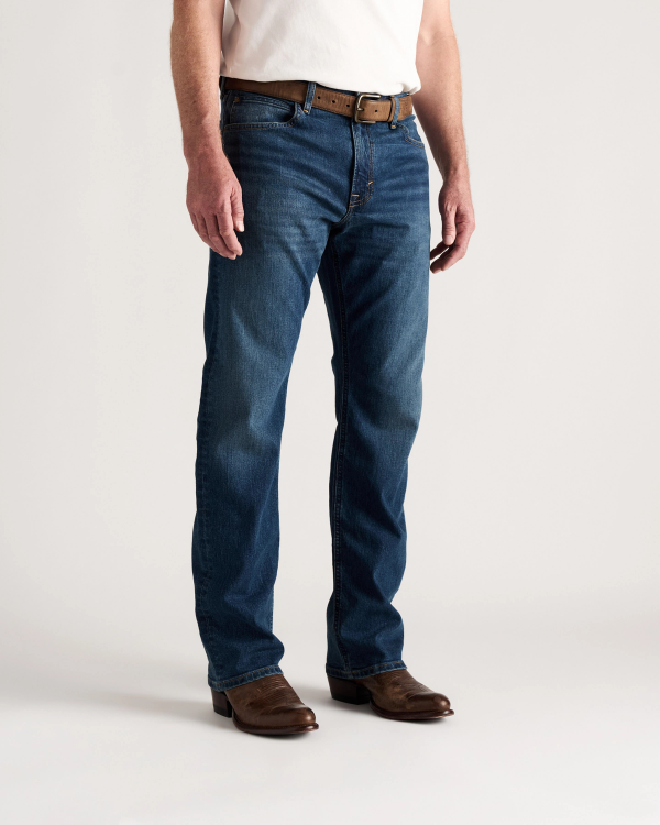 Front view of Men's Straight Stretch Denim - Medium Dark on model