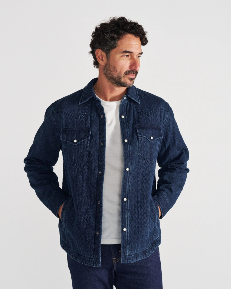 Front view of Men's Quilted Herringbone Shacket - Indigo on model