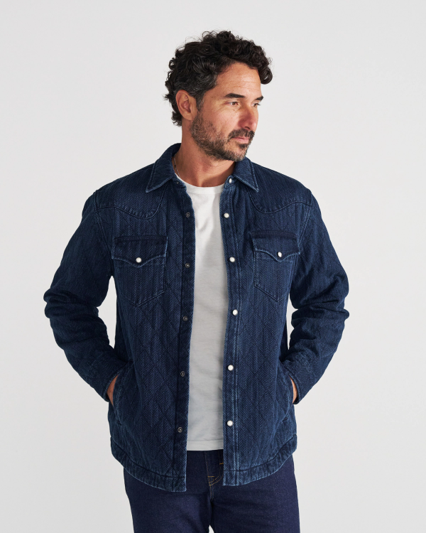 Front view of Men's Quilted Herringbone Shacket - Indigo on model
