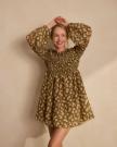 Front view of The Emma Dress by Kristopher Brock - Olive/Beige Floral Cotton Blend on plain background