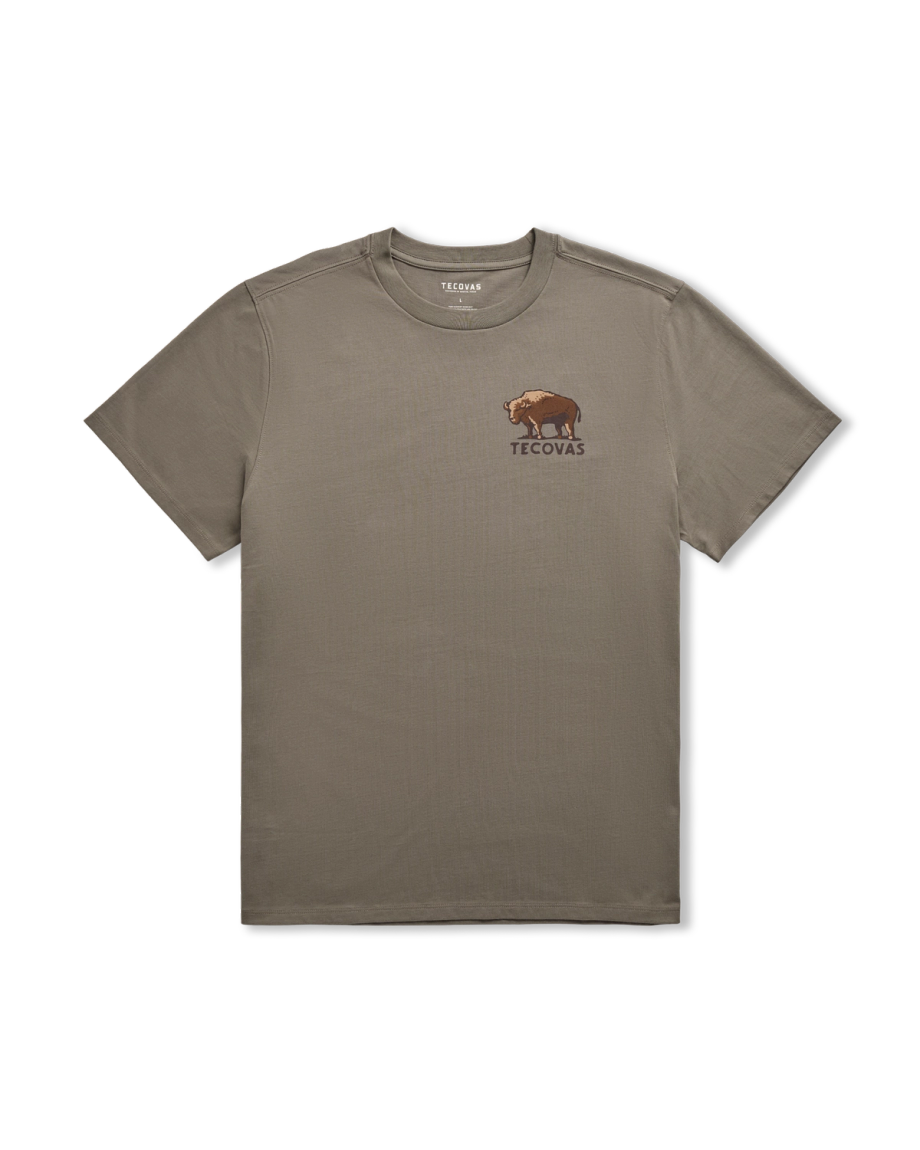 Front view of Men's Bison Landscape T-Shirt - Smokey Olive on plain background