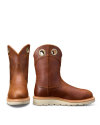 A pair of brown leather boots with rounded toes and cream-colored soles, featuring pull-on grommets near the top.